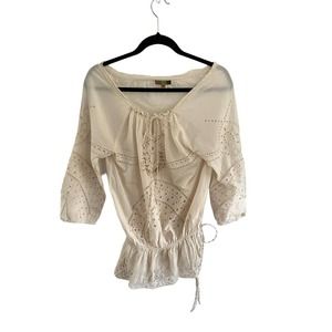 SANTOORI Womens Top Cream Embellished Eyelet Blouse Shirt Boho Style Sz Small